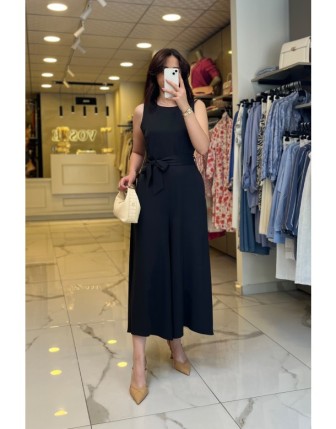 Mi Siyah Sıfır Kollu Kuşaklı Midi Boy Tulum