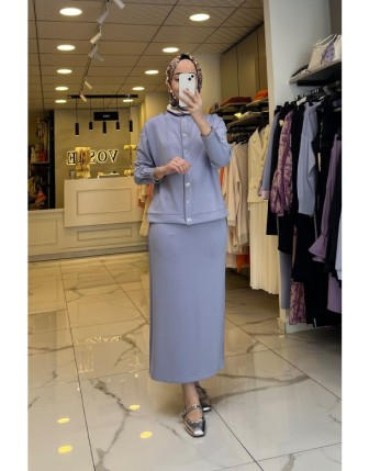 Tığ Triko Lila Düğme Detaylı Etekli Takım