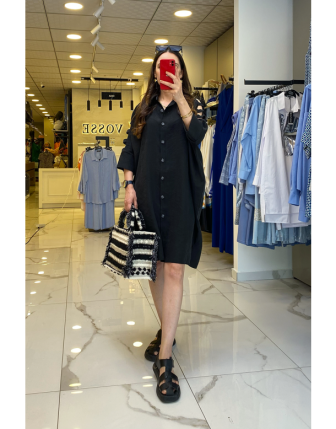 On Fashıon Siyah Düğmeli Kolları Pencere Detaylı Elbise