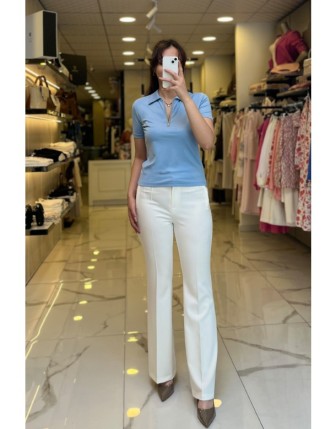 On Fashıon Mavi Yakası Taşlı Fermuarlı Bluz