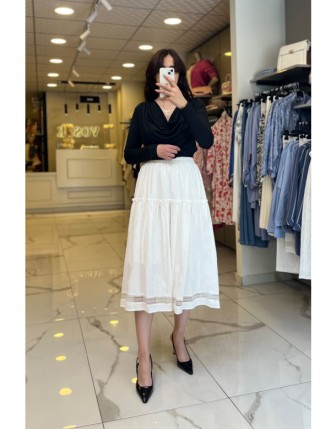 On Fashıon Beyaz Dantel Detaylı Midi Boy Etek