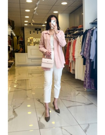 Ekol Pudra Figür Detaylı Keten Gömlek