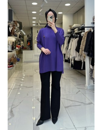 Tığ Triko Mor Balıkçı Yaka Tunik