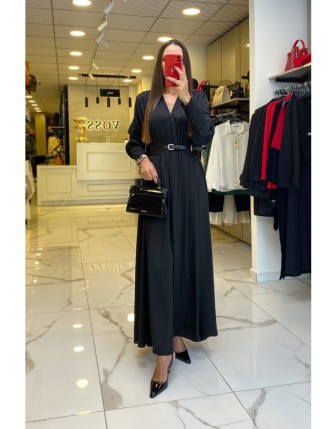 Ekol Siyah Omuzu Vatkalı V Yaka Deri Kemerli Saten Elbise