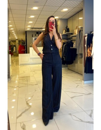 Miarte Siyah Çizgili Bol Paça Pantolon