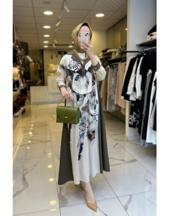 Miarte Yeşil Desenli,Saten Elbise