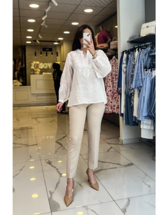 Ekol Ekru İşlemeli Keten Bluz