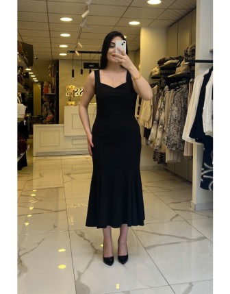 Ekol Siyah Kalın Askılı Pile Detaylı Elbise 