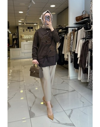 Tığ Triko Kahverengi Kabartma Desenli Tunik