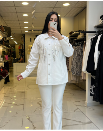 Ekol Beyaz Taş İşlemeli Kot Ceket