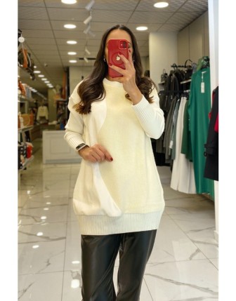 Tığ Triko Ekru Deri Detaylı Triko Tunik