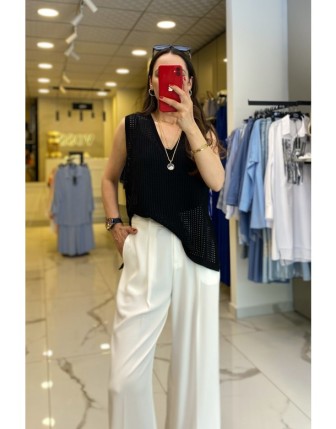 On Fashıon Siyah Fileli V Yaka Yanları Fermuarlı Süveter