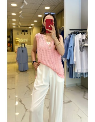 On Fashıon Pembe Fileli V Yaka Yanları Fermuarlı Süveter