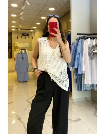 On Fashıon Ekru Fileli V Yaka Yanları Fermuarlı Süveter