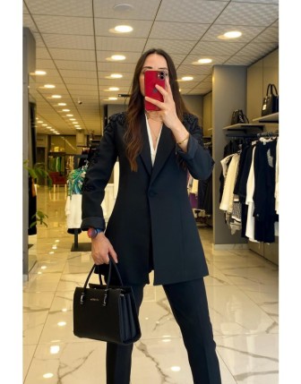 Miaruj Siyah Kolları Taş İşlemeli Tek Düğmeli Ceket 