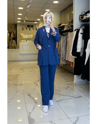 Tığ Triko İndigo Broş Detaylı Takım