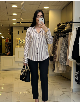 On Fashıon Siyah Çizgili Saten Gömlek