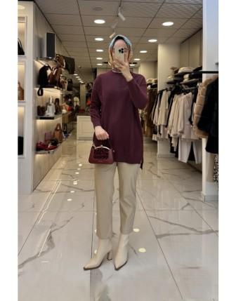 Tığ Triko Bordo Aksesuralı Angora Tunik