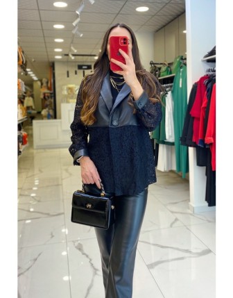 Miarte Siyah Deri Detaylı Tek Düğmeli Ceket