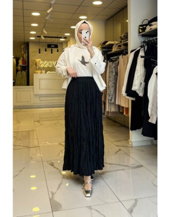 Vosse Siyah Tam Boy Kırıştırma Etek