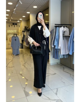 Maq Siyah Beyaz Çizgili Düğmeli Duble Paça Beli Büzgülü Takım