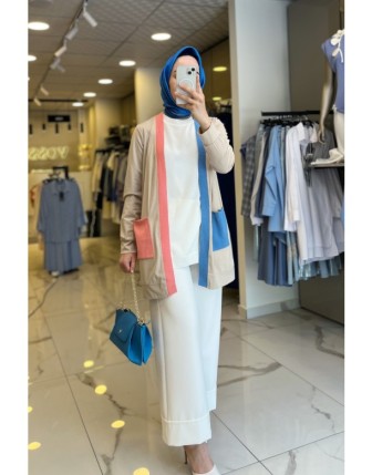 On Fashıon Bej Ribanalı Cep Detaylı Hırka