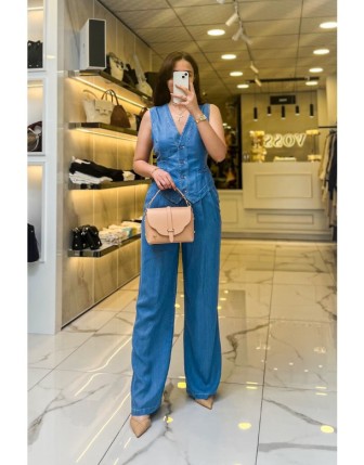 Sedna Mavi Tensel Kot Düğmeli Yelekli Takım