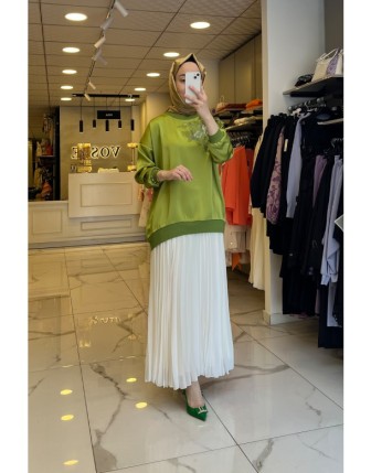 Tığ Triko Yağ Yeşili Çiçek Taş Baskılı Tunik