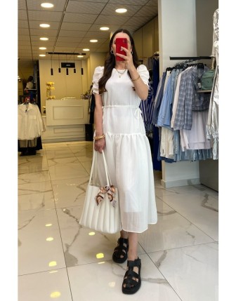 Ekol Ekru Beli Büzgülü Balon Kol Elbise