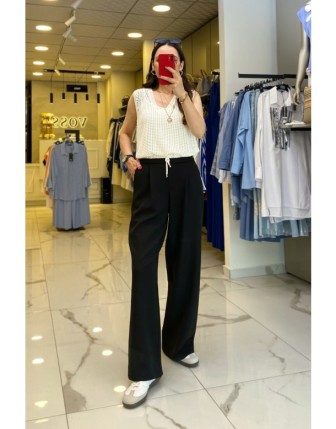 On Fashıon Siyah Beli Lastikli Cep Detaylı Palazo Pantolon
