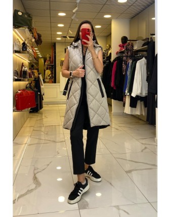 Trenç Bej Kapütone Kemerli Fermuarlı Kapşonlu Şişme Yelek