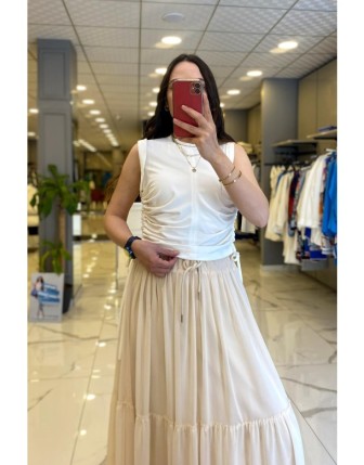 On Fashıon Beyaz Sıfır Yaka Beli Büzgülü Crop