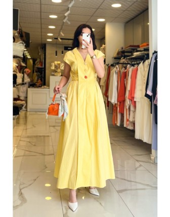 Miarte Sarı  Kuşaklı,Düğmeli Elbise