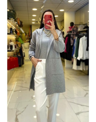 On Fashıon Gri Fermuarlı Cepli Kapşonlu Hırka