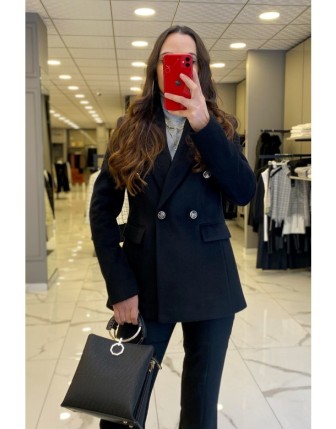 Ekol Siyah Özel Dokulu Gold Düğme Detaylı Kaşe Blazer Ceket