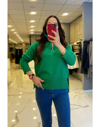 On Fashion Yeşil Hakim Yaka Önü Fermuarlı Kazak