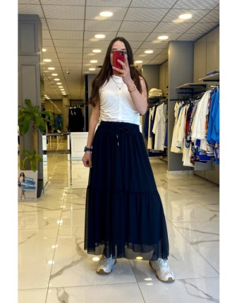 On Fashıon Siyah  Beli Lastikli Astarlı  Uzun Tül Etek