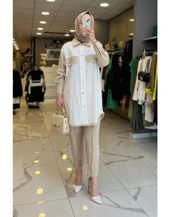 Mascara Bej Keten Dokulu Püskül Detyalı Düğmeli Takım