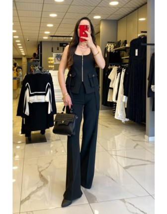 Miarte Siyah Düğme Detaylı Bol Paça Pantolon