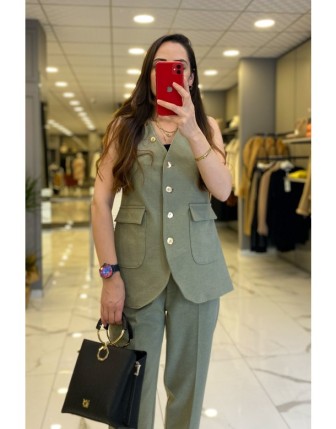 On Fashıon Haki Gold Düğmeli Cep Detaylı Yelek