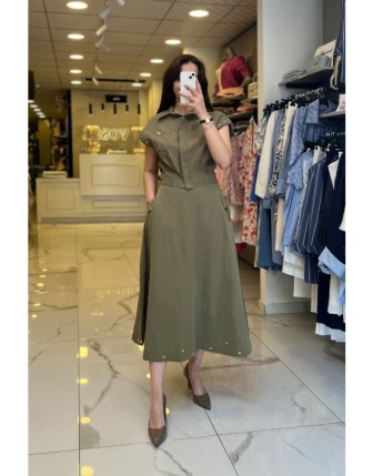 On Fashıon Haki  Aksesuar Detaylı Paraşüt Etekli Takım 