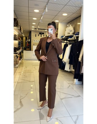 Moda İlgi Kahverengi Tek Düğmeli Blazer Ceketli Takım