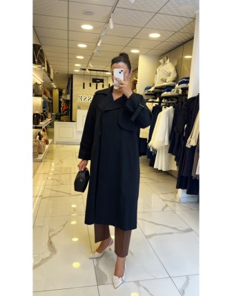 Doop Siyah Düğme Detaylı Uzun Trençkot