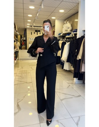 Moda İlgi Siyah Kolları Piliseli Otrişli Tulum