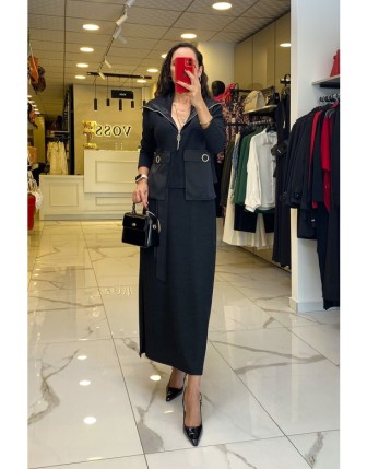 Miarte Siyah Fermuar Detaylı Cepleri Saten Beli Lastikli Yırtmaçlı Etekli Takım