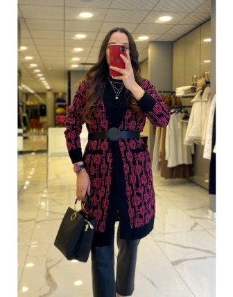 On Fashion Fuşya Kare Desenli Önü Açık Kemer ve Cep Detaylı Hırka