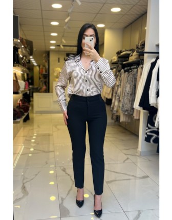 Ekol Siyah Düğmeli Beli Lastikli Dar Paça Pantolon