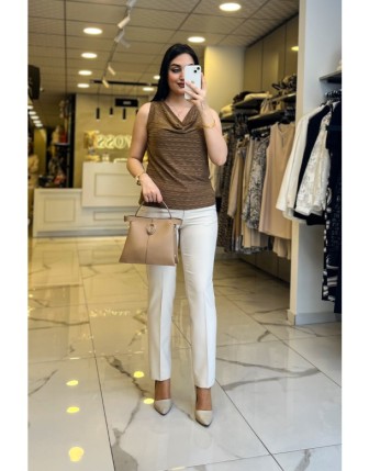 On Fashıon Kahverengi  Degaje Yaka Sıfır Kollu Bluz