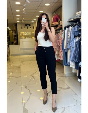 On Fashıon Siyah Önü Çimalı Dar Paça Pantolon