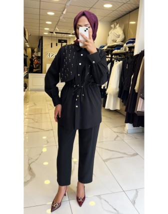 Moda İlgi Siyah Beli Büzgülü Taş Detaylı Takım